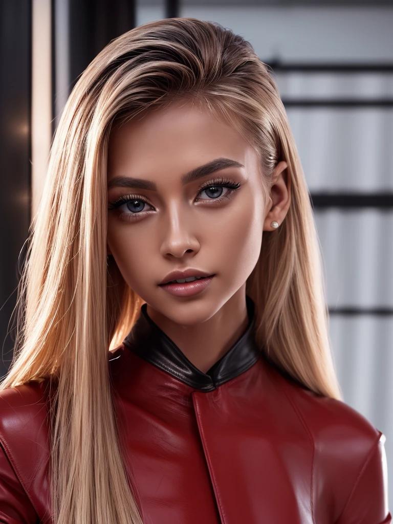 Cristy Ren with long blonde hair as an elite fashion model, high fashion hairstyle, perfect eyes, high arched eyebrows, (elegant red leather dress with black trim:1.3), (opera length gloves:1.3), backlight on hair, shallow depth of field, facing the camera, hi-res, 8k, cinematic light, smile, executive office, private space