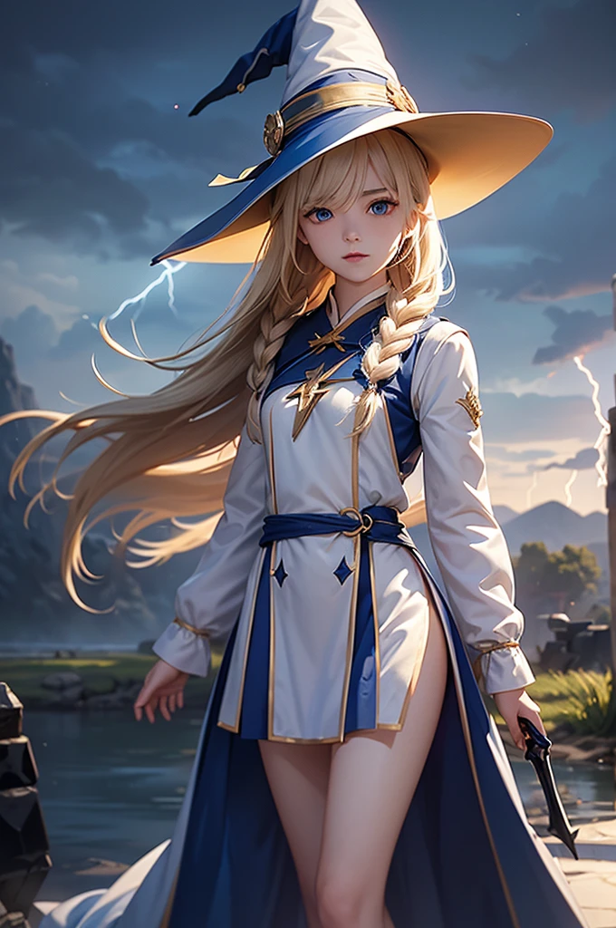 1 girl, trap, Blonde Hair, One-side long braid, blue eyes, flat chest, A short person, White robe, ,(Witch Hat), (18 years old),Bare legs, thunder电,lightning,electrical arcs,Discharge of,thunder电球,magic,thunder,thunder环,thundermagic,thunder鸣握金杖, Ancient battlefield background, Textured Skin, Ultra HD, Ultra HD, Ultra HD, Ultra HD, The award-winning, High Detail, Incredible high-key lighting and shadows, masterpiece, Incredible illustrations