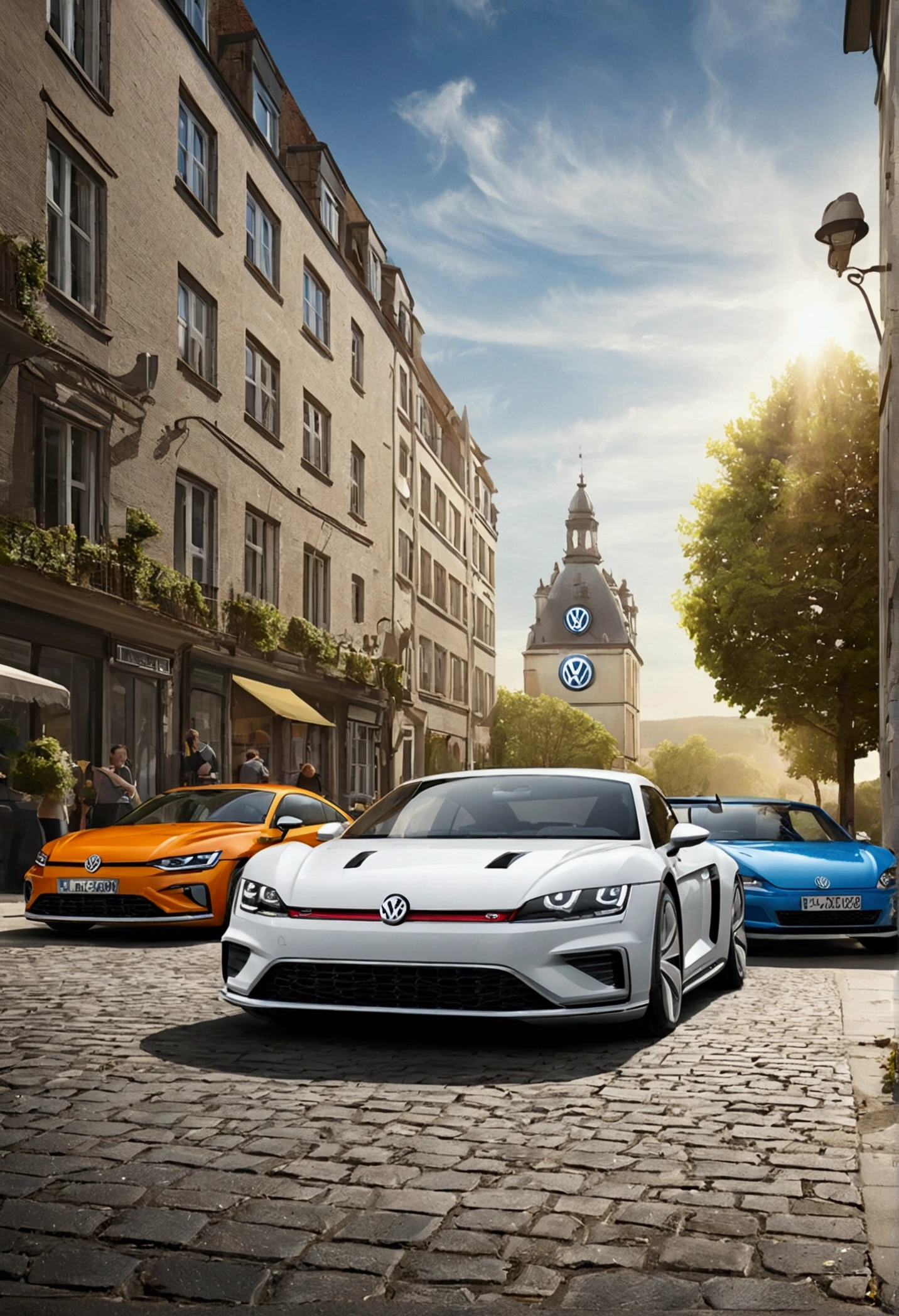 Volkswagen logo with sports cars smoking in the street
