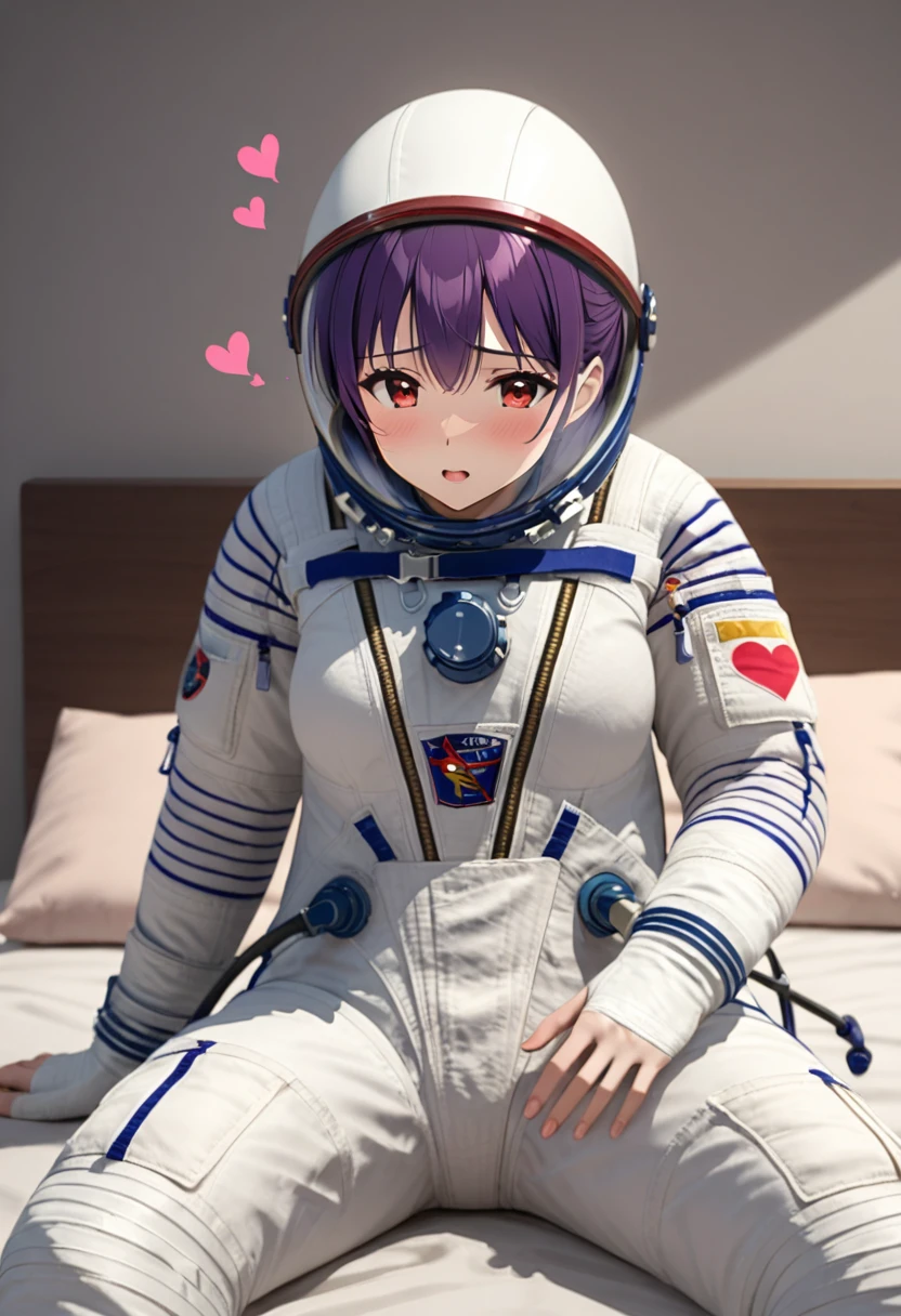 (spacesuit:1.15), white cargo pants, astronaut)bubble helmet, space helmet masturbation, fingering, looking at the audience, lying , indoors, in bed, bed, masterpiece, best quality, 1girl, solo, red eyes, tits, {{{messy hair:1.6}}}, bangs, yellow hair, spread legs, sitting, , short hair,  ,(heart sayings:1.2) misato katsuragi,(purple hair:1.2),, 