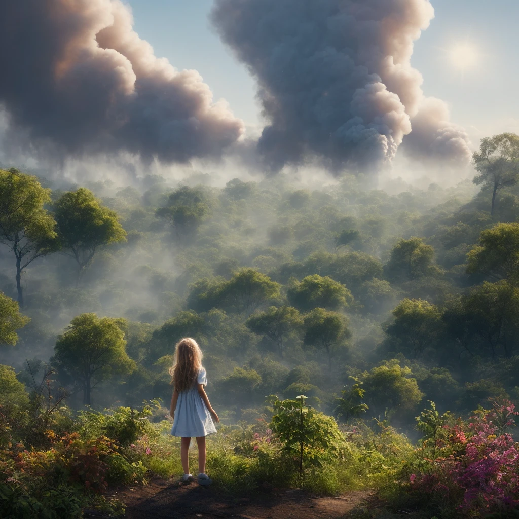 (ultra detailed, absolutely high resolution, best quality:1.3), (2.5D, delicate and dynamic, hyper realistic), (artistic photography, graphic CG digital art) ,(shading effects, gradation magic effects, glitter effects), (sunlight effects, foggy filter effect, cartoon-style), hyper-realistic image illustrating the future of nature being destroyed by human behaviors. The main subject is a young girl standing amidst the destruction. The background features a once-thriving forest now littered with deforestation, pollution, and industrial waste. In the distance, towering factories emit dark smoke into the sky, and the ground is scattered with plastic debris and dead plants. The sky is overcast, with a dull, grayish hue, reflecting the grim state of the environment. The girl's expression should convey a mix of sadness and concern as she witnesses the destruction around her. Focus on the detailed features of the girl, her dress, and the devastated natural elements around her.
Ensure the factories, deforestation, pollution, and sky are depicted with stunning clarity and realism.
Capture the essence of a somber, reflective moment highlighting the impact of human behaviors on nature.
