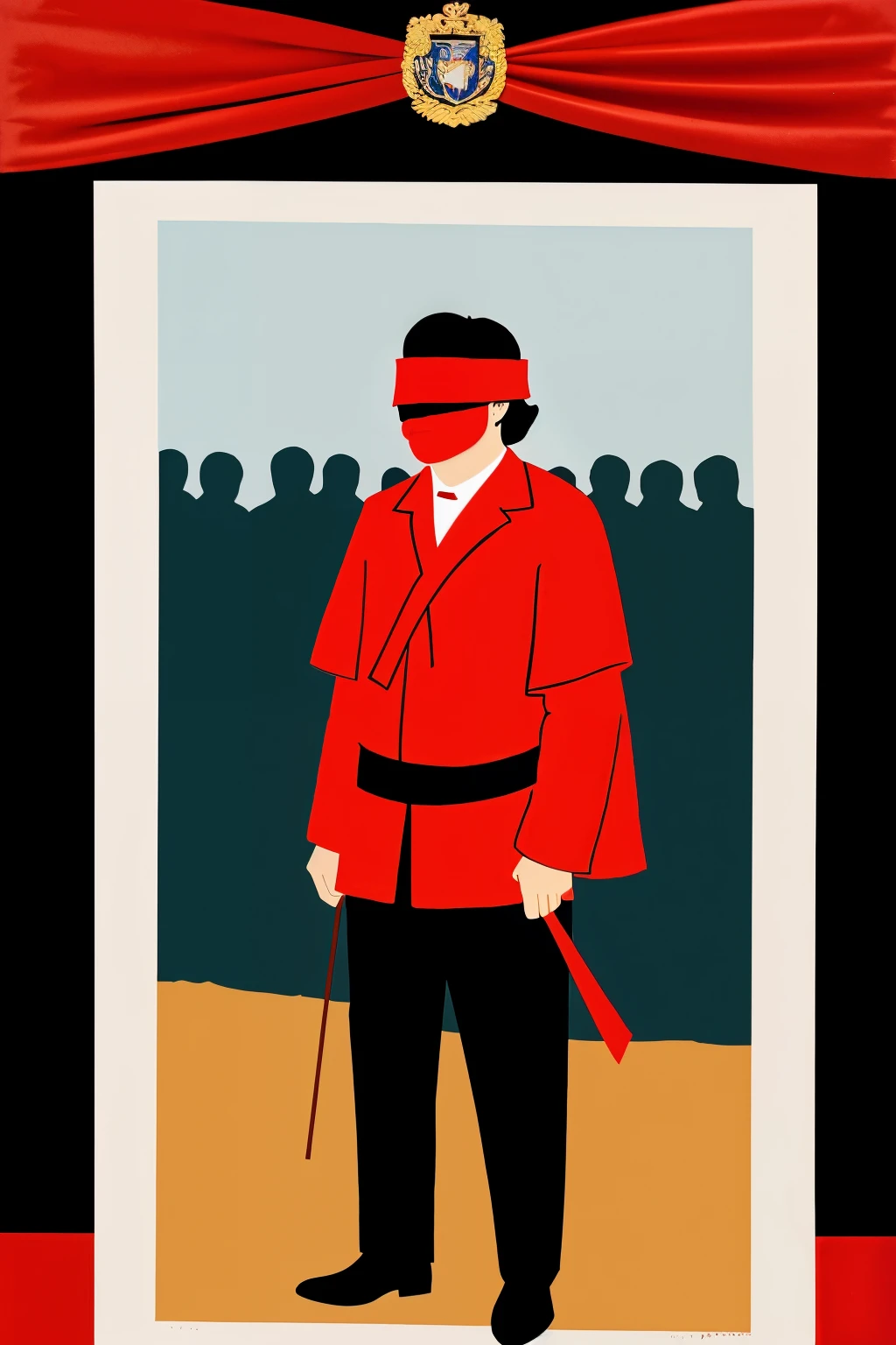 A man stands in the middle of the procession. He is blindfolded with a red ribbon and has a bullet in his chest , bleeding and oozing. This picture made with cartoon