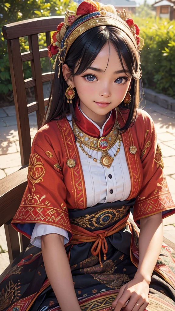 (1girl), 13 year old, sun-kissed skin, vibrant traditional ethnic costume with intricate embroidery, sitting on old wooden chair, embroidering, smiling, (best quality,4k,8k,highres,masterpiece:1.2),ultra-detailed,(realistic,photorealistic,photo-realistic:1.37),portrait,detailed face,beautiful detailed eyes,beautiful detailed lips,extremely detailed eyes and face,longeyelashes,warm lighting,vibrant colors,soft focus,detailed clothing,traditional culture