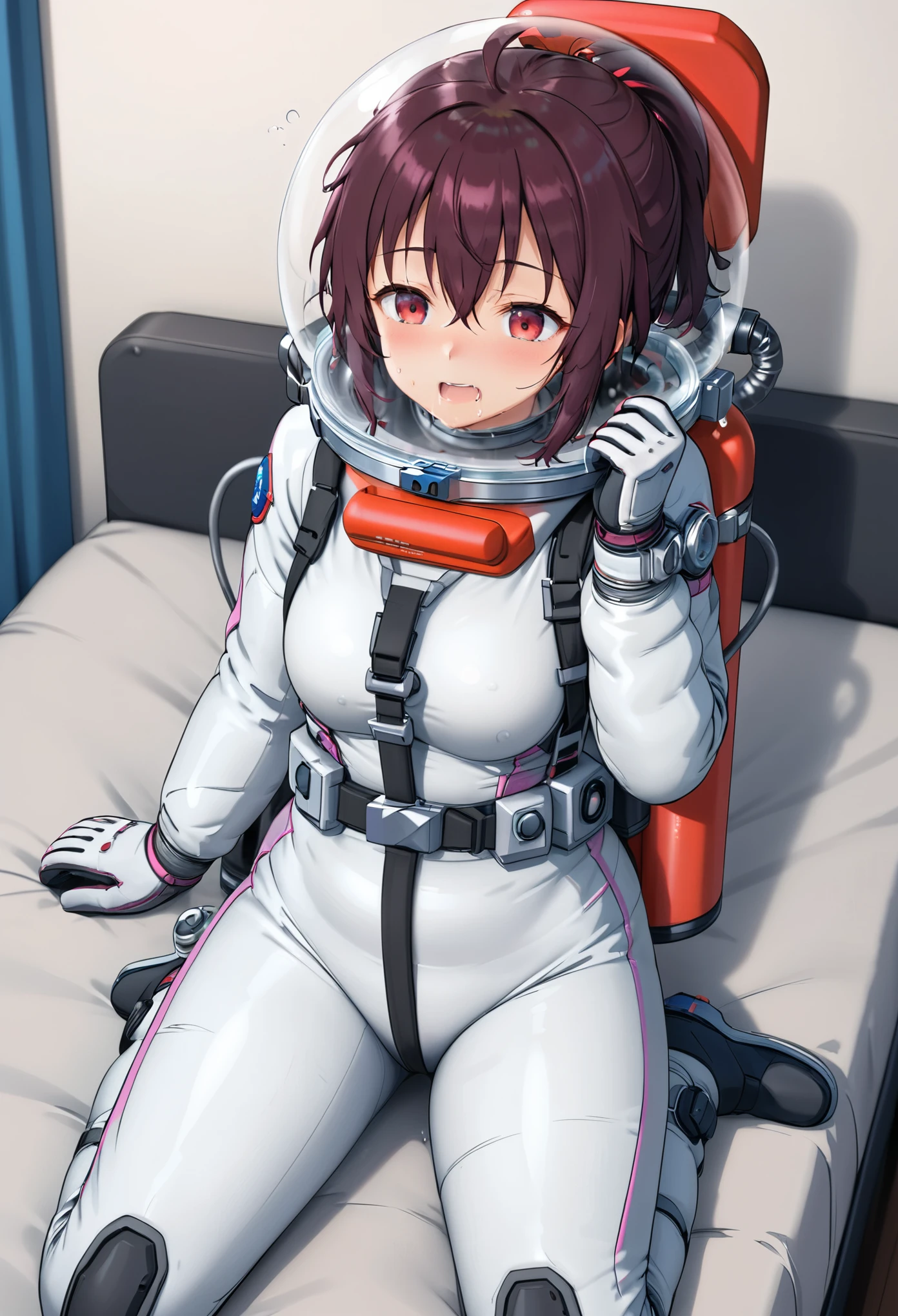 (spacesuit:1.15), white cargo pants, astronaut)bubble helmet, space helmet , fingering, , drooling, drooling, sweat, blushing, , looking at the audience, lying , indoors, in bed, bed, masterpiece, best quality, 1girl, solo, red eyes, tits, {{{messy hair:1.6}}}, bangs,  spread legs, sitting, , short hair, theart sayings:1.2),  smile, 