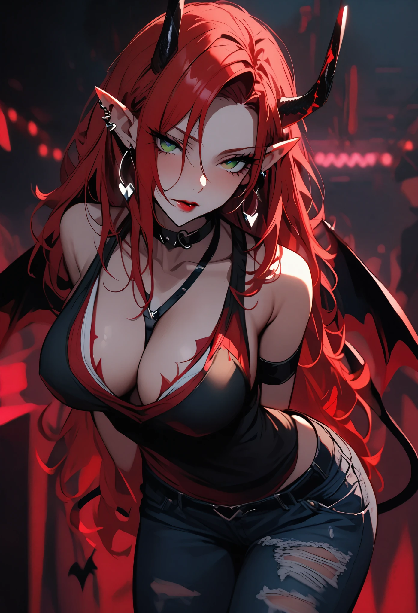 solo, female, vain pose, jewelry, close up, extremely attractive, flawless porcelain skin, long lustrous wavy red hair, red eyes, huge breasts, seductive smile, luxurious, elegant gala dress, ball room, velvet curtain, succubus, horns, demon wings, spade tail, billowing dress, conservative dress, seductive, vain, champagne, pinup pose, come hither gesture