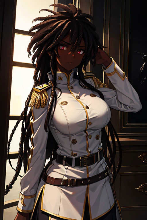 a young dark-skinned woman with large breasts, dreadlocks, wearing a military uniform, dramatic lighting, highly detailed, cinematic composition, realistic, photorealistic, hyperrealistic, volumetric lighting, 8k, high resolution, masterpiece, intricate details, sharp focus, physically-based rendering, vibrant colors, gritty military aesthetic, strong chiaroscuro, moody, powerful expression, dramatic pose