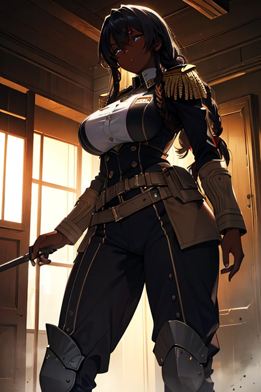 a young dark-skinned woman with large breasts, dreadlocks, wearing a military uniform, dramatic lighting, highly detailed, cinematic composition, realistic, photorealistic, hyperrealistic, volumetric lighting, 8k, high resolution, masterpiece, intricate details, sharp focus, physically-based rendering, vibrant colors, gritty military aesthetic, strong chiaroscuro, moody, powerful expression, dramatic pose
