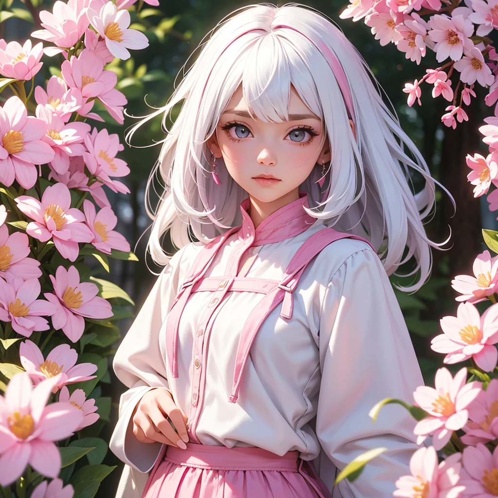 foreground, alone, beautiful girl with white hair with pink highlights and is dressed with spring clothes