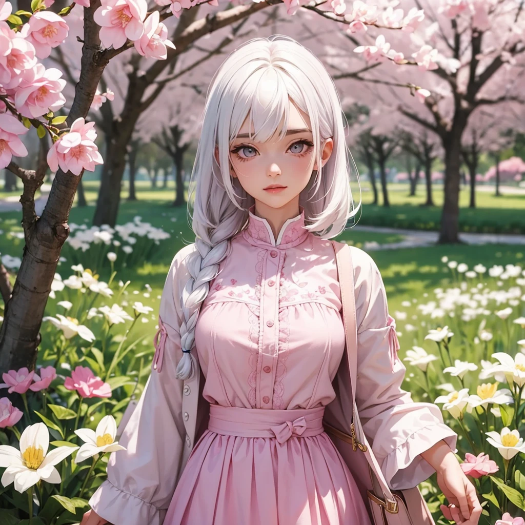 foreground, alone, beautiful girl with white hair with pink highlights and is dressed with spring clothes