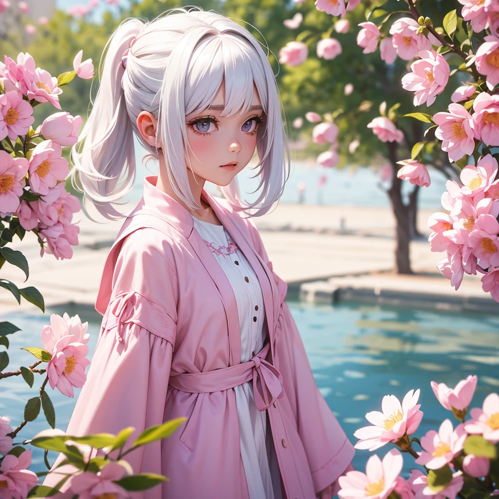 foreground, alone, beautiful girl with white hair with pink highlights and is dressed with spring clothes