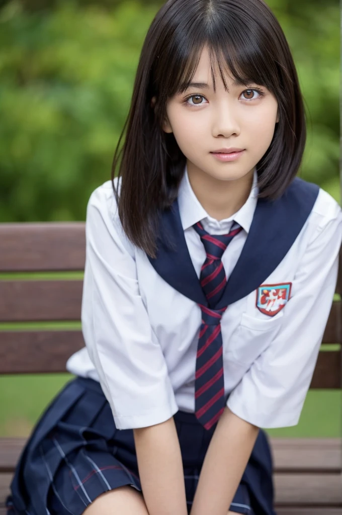 One Girl, (beautiful girl, Delicate girl:1.3), (************:1.3),
break, (School Uniform Costumes:1.3),
break, (Sitting on a bench:1.2),
break, Very beautiful eyes, (Symmetrical eyes:1.3),
break, Small breasts, Brown eyes, Parted bangs, Brown Hair, (Upper teeth, The best smile:0.2),
break, (Eye and facial details:1.0),
break, (masterpiece, Highest quality, Very detailed, Detailed face, 8k)