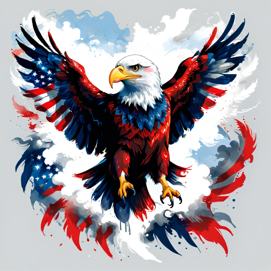 T-Shirt: An Eagle, a captivating illustration of a stylized bald eagle with open wings in the vibrant colors of the American flag. The eagle is majestic, with cold, piercing eyes. Bold colors of red, white and blue dominate the illustration, evoking a sense of nostalgia and modernity. The overall composition embodies the American spirit, with its unique fusion and illustration techniques. White background.