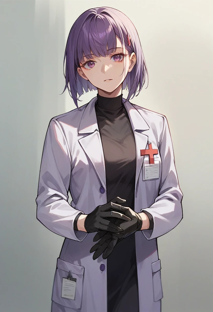 1girl, bangs, ((black medical gloves)), ((((long sleeves)))), looking at viewer, ((purple doctor outfit)), standing, solo