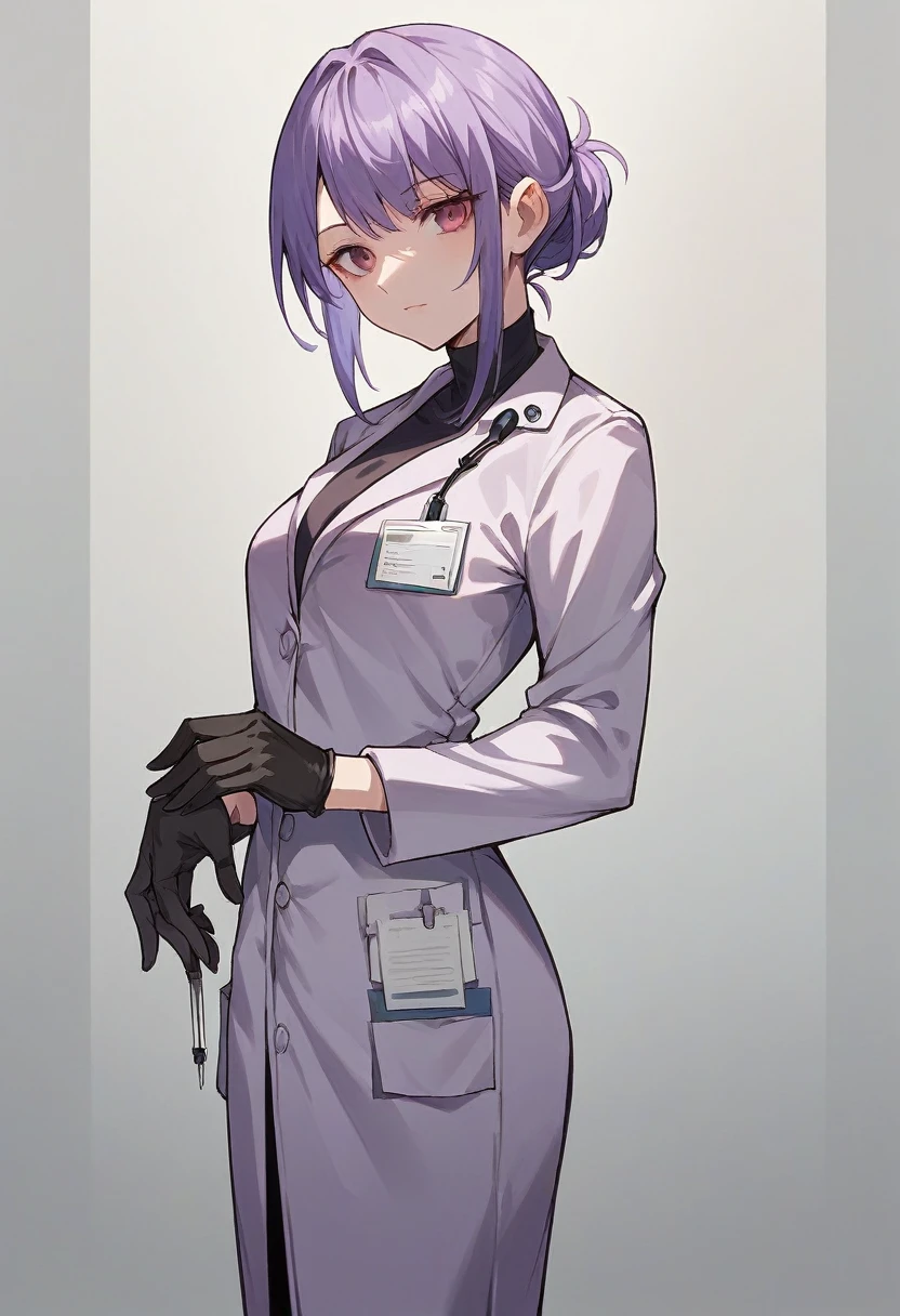 1girl, bangs, ((black medical gloves)), ((((long sleeves)))), looking at viewer, ((purple doctor outfit)), standing, solo