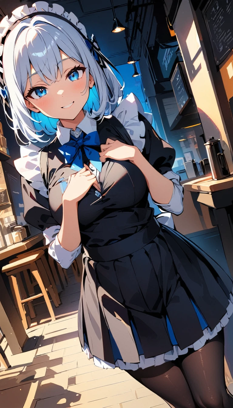 (high quality, 8k, 4K, High Contrast, masterpiece:1.2, 最high quality, Best aesthetics), , Maid, Very detailed, Seductive and erotic girl with lace headdress, smile, (Regular milk, Silver fur), Focus on the face, Focus on the face, Complex eyes, tights, laced tights, coffee shop, Ground angle shot, Viewers looking up, feet in tights, Open-chested clothing