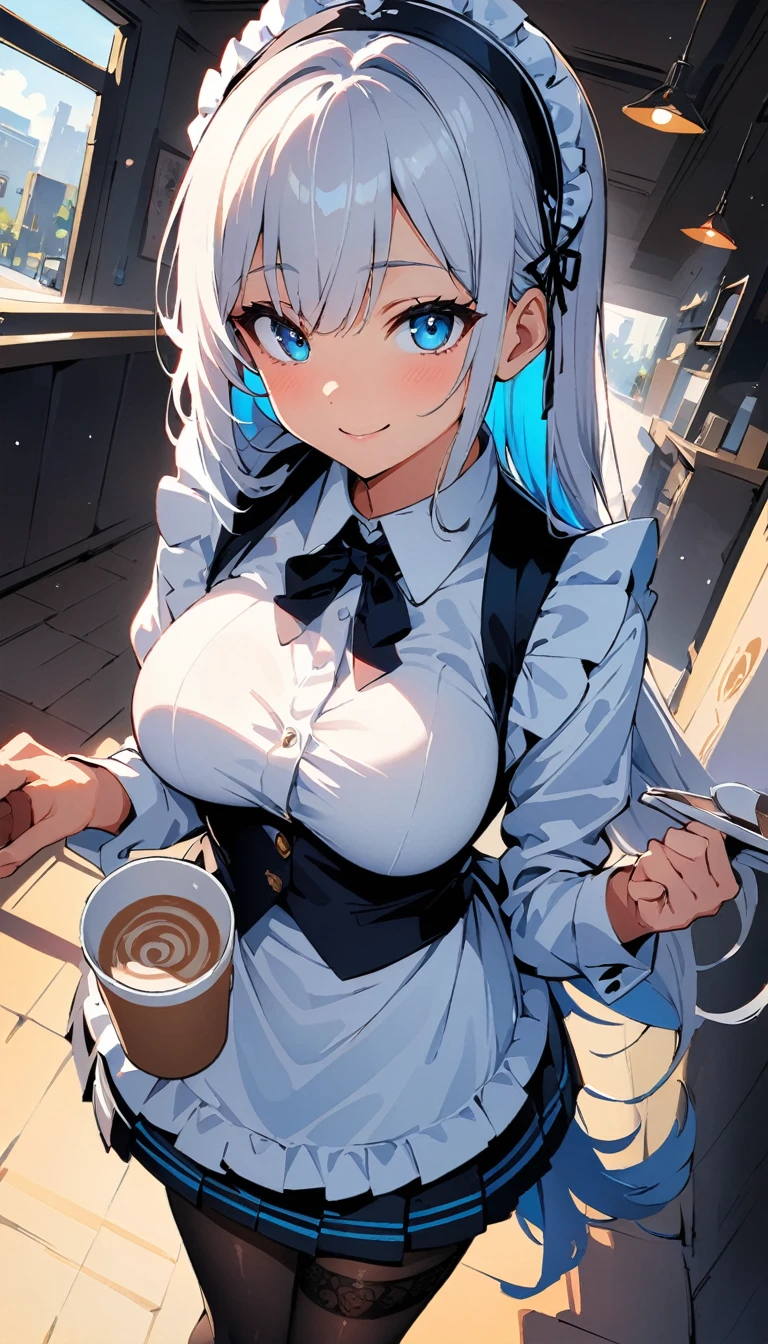 (high quality, 8k, 4K, High Contrast, masterpiece:1.2, 最high quality, Best aesthetics), , Maid, Very detailed, Seductive and erotic girl with lace headdress, smile, (Regular milk, Silver fur), Focus on the face, Focus on the face, Complex eyes, tights, laced tights, coffee shop, Ground angle shot, Viewers looking up, feet in tights, Open-chested clothing