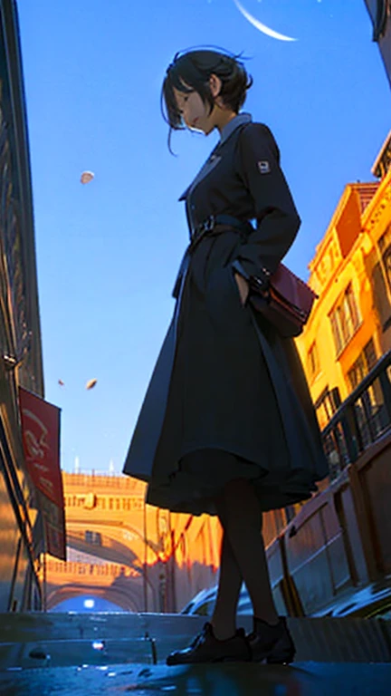 one girl,low angle shot,(from below:1.3),standing,Outdoors, fashionable street