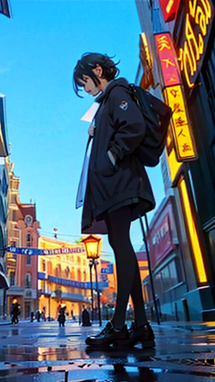 one girl,low angle shot,(from below:1.3),standing,Outdoors, fashionable street