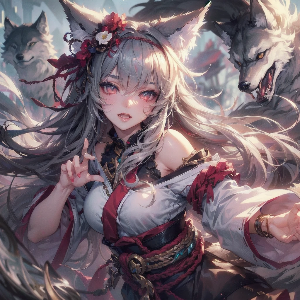  masterpiece, (textured skin), best quality, gorgeous beautiful, (a beautiful girl,wolf ears),detailed clothes,large breasts,narrow waist,, (beautiful face), cinematic lighting, (fantasy anime art ),