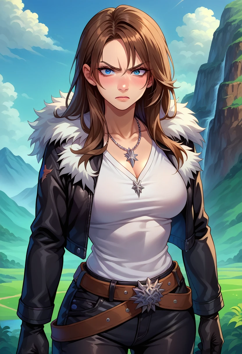 score_9, score_8_up, score_7_up, 1girl, solo, (female:1.5),female focus, female body, squall, necklace, brown hair, long hair, gloves, white shirt, blue eyes, shirt, black gloves, jacket, black jacket, fur trim jacket, black pants, belt,breasts, scar, diagonal scar, scar on face, parted bangs, angry, blushing, hand under clothes, fingering, looking down, standing, landscape,