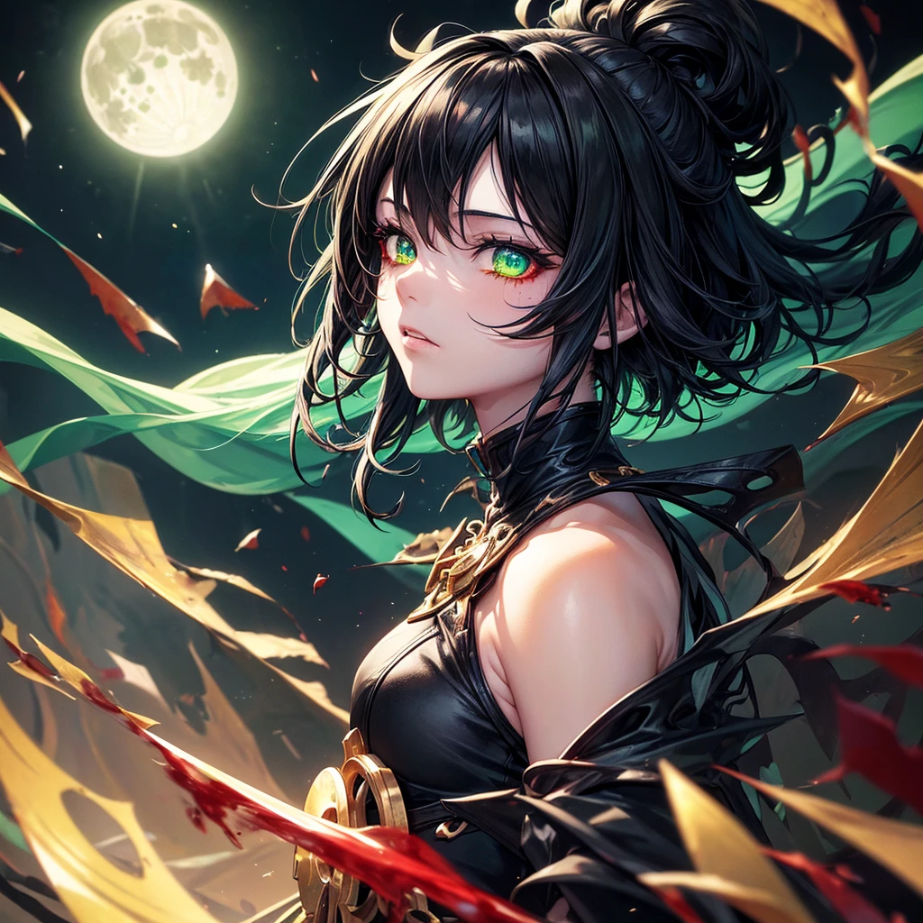 1:1, (masterpiece:1.1、highest quality), (Exquisite eyes: 1.1), (Detailed Background、Dark fantasy), (beauty detailed face), High Contrast, (Best lighting、Very delicate and beauty), ((Cinema Lighting) )), colorful, Hyper Detail, Dramatic Light, Intricate details, moon behind (21years old, 1 girl, solo, black short hair, black hair, Sharp Face, green eyes, black hair between the green eyes, Dynamic Angle), (Blood splatter:1.4), Black light swirling around the character, Depth of written boundary, black light particles, Nightcore, black magician, Spectacular anime style, zerochan art, Anime Wallpaper, Burning, High quality anime art style, Key Anime Art
