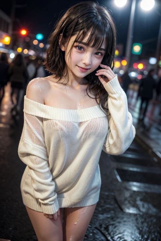 high quality, detailed,a girl with white water drops on her face.she is taking a shower,lots of white water droplets.(at night:2.0),green eyes.she is  japanese bitch gal,standing prostitute,she has a mole under her eye,(smallest breasts),(wearing long sleeve  oversized sweater dress,offshoulder,very very wet thin fabric sweater,),blunt bangs,((bob hair,very wet hair and wet face,shiny face)),((wearing overknee socks)),slender,face up,nipples,temptation,orgasm,(huge smile),
,(waiting for someone)she is standing a little far away


(Downtown at night、Big city、A street corner in the red light district at night、crowd street、lots of passersby、)(Angle from the side)