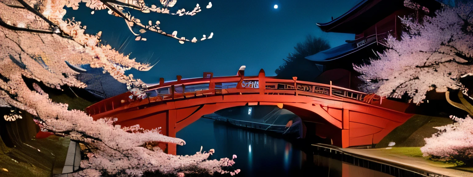 Landscape painting,spring,Cherry blossoms at night and a red bridge,Japanese Style