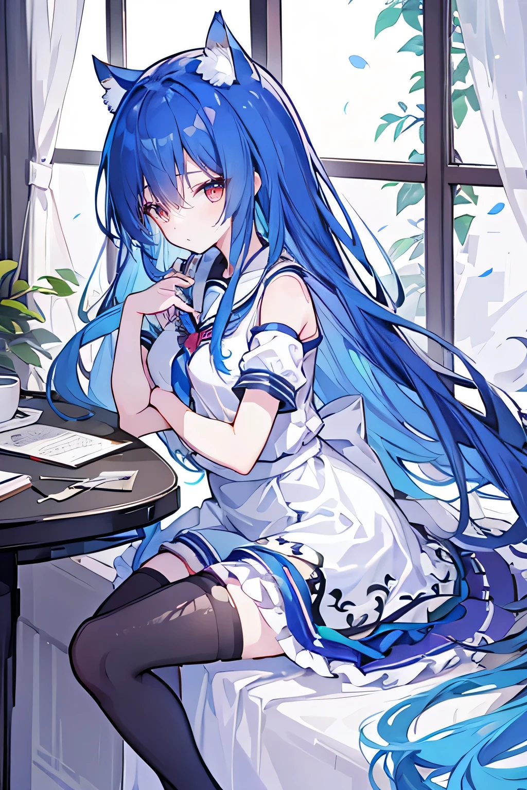(masterpiece:1.2),Super detailed,lifelike,Expressive eyes,fair skin,perfect face shape,1 girl,
Japanese comics,Gorgeous blue hair,flowing blue hair,flowing clothes,Cat ears,Petals fall,beautiful lola,Baby Angel,
Broken hair curtain,A faint smile,Black and white sailor school uniform,cropped shoulder,Super good figure,Color hairpin,Put your hands on your chest,Raise your head slightly,Short skirt,Black stockings,sitting on window sill drinking coffee and looking out the window。