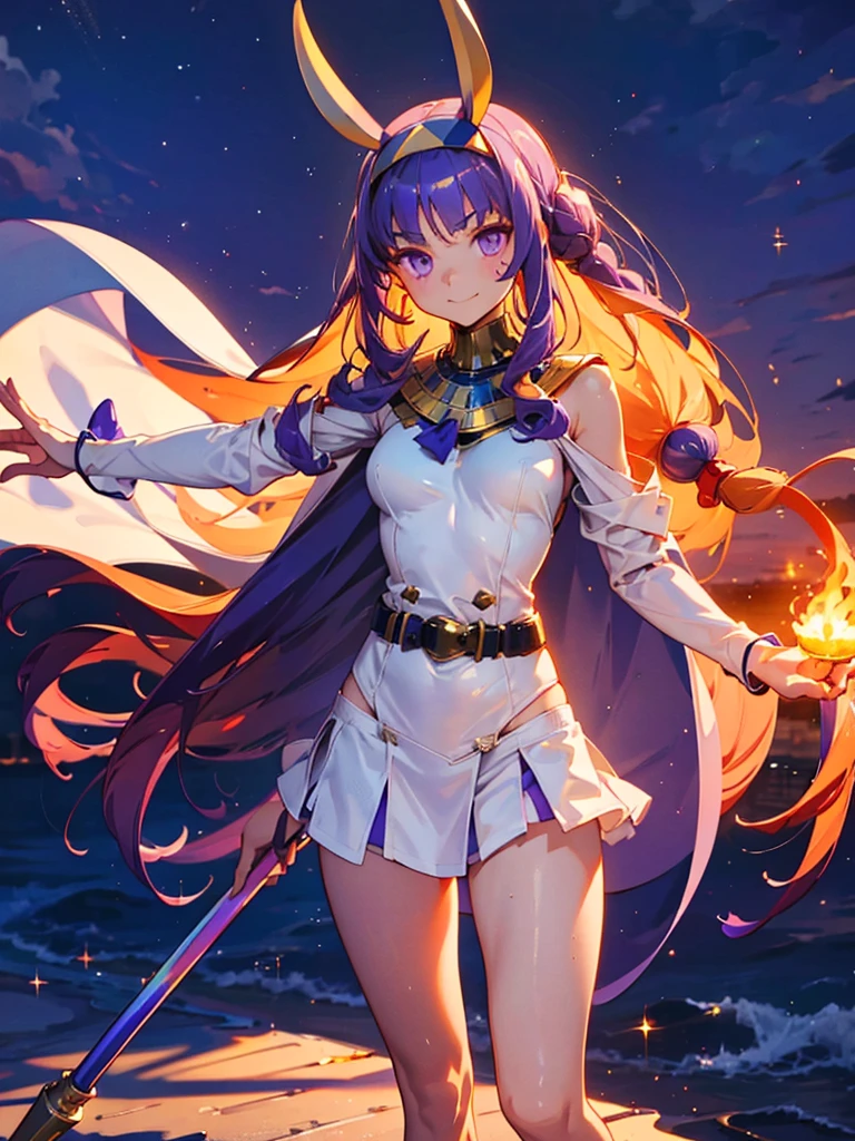 Nitocris,Nitocris(Fate), 1 girl, Wearing a white school swimsuit,　Highest quality,((Highest quality)),((Tabletop)),((Perfect Face)),1 girl.White and purple dress,White jacket,With a cane,armsを持っている,The flames flicker,Blonde,Purple eyes,smile,beauty,((Holographic)),(masterpiece:1.2, Highest quality),(Colored Background) (Beautiful attention to detail: 1.2), (Highly detailed CG Unity 8K wallpapers, masterpiece, Highest quality, Very detailed, Best Shadow), (Detailed Background), White jacket,arms(woman,Carrying a walking stick),alone ,Blonde,Purple eyes,One girl, sketch (Character design sheet, same characters, whole body, Three-View, front, ~ ~ side, return), alone,