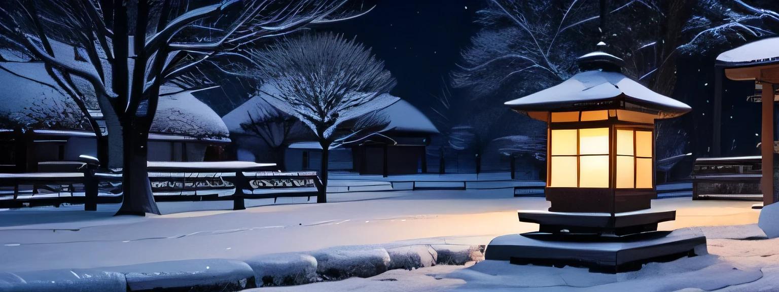 Landscape painting,winter,Snow and deciduous trees,Lit stone lantern,night,Japanese Style