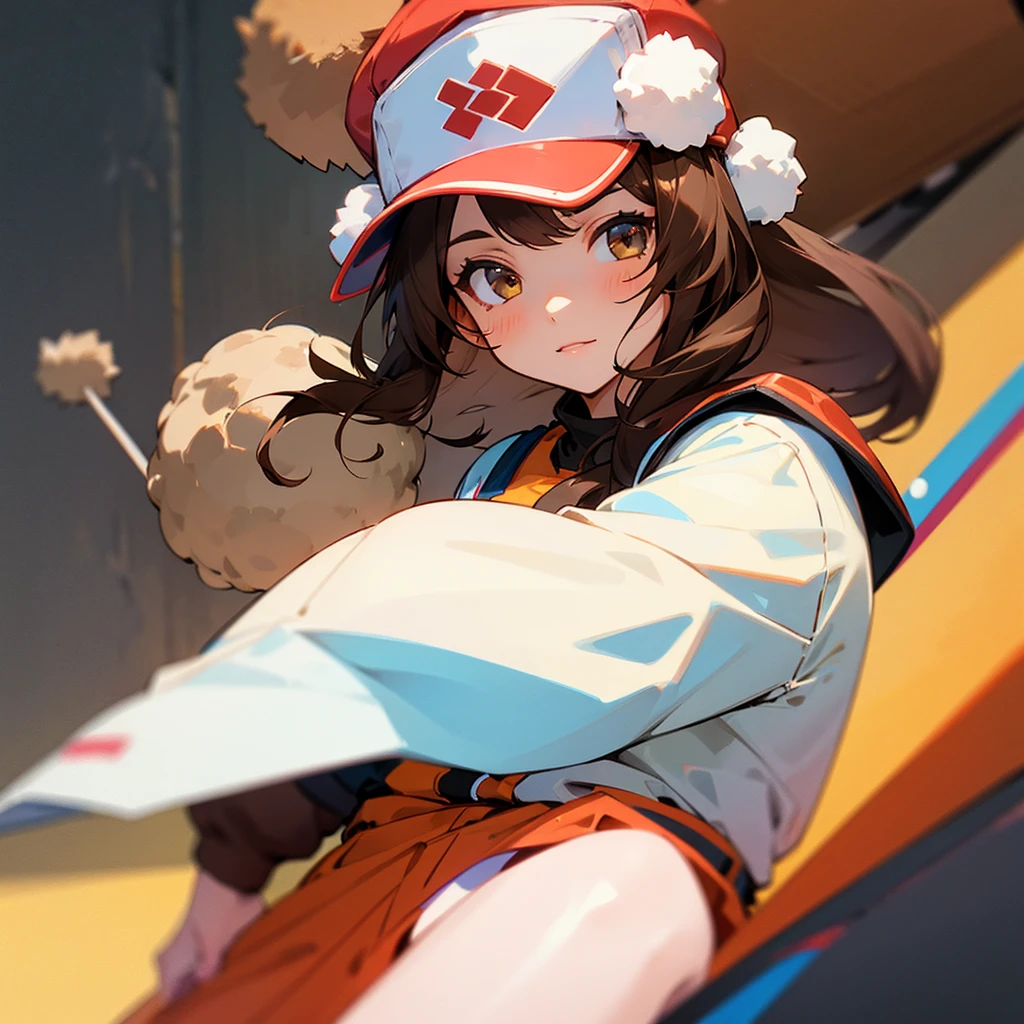A girl with brown hair and a pompom cap