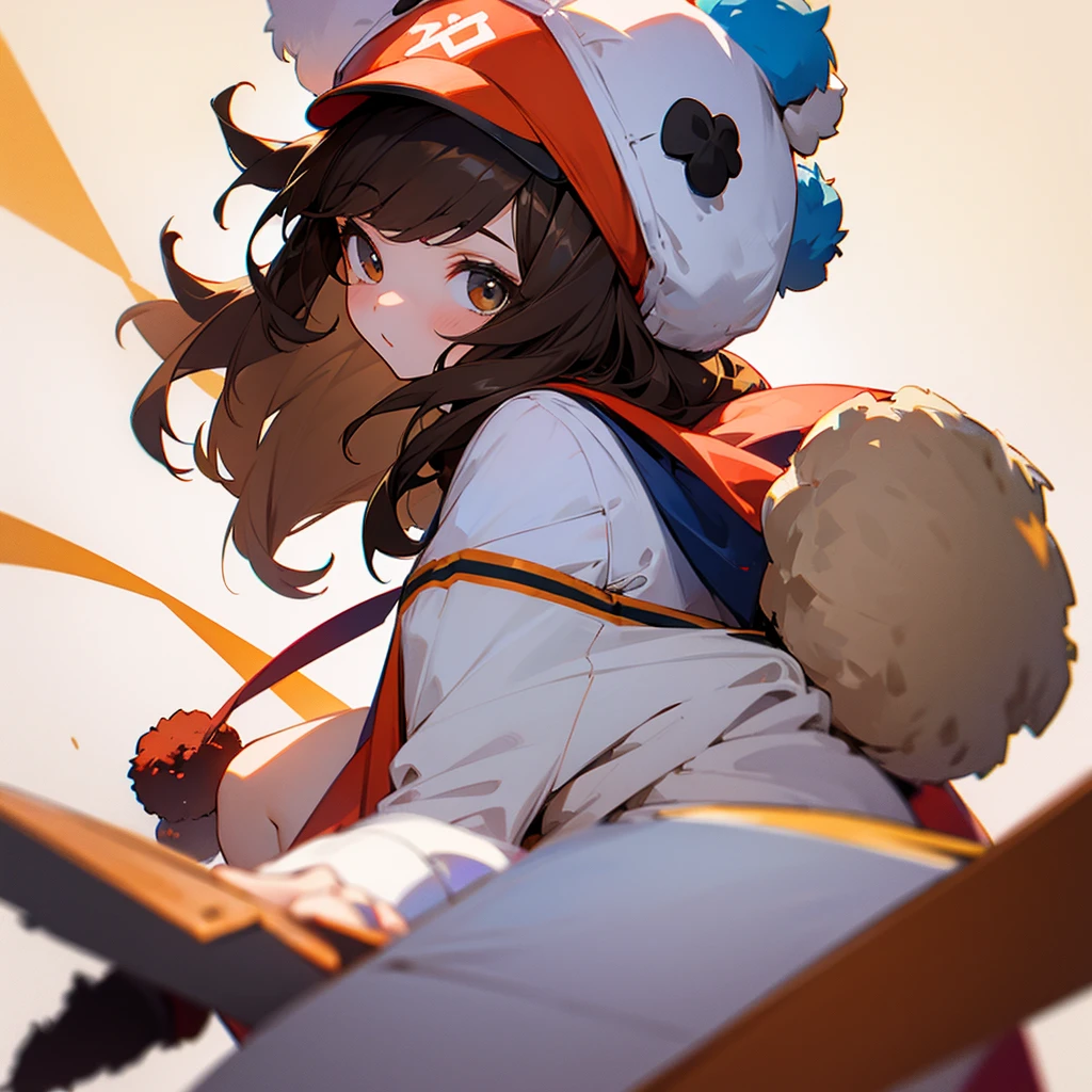 A girl with brown hair and a pompom cap