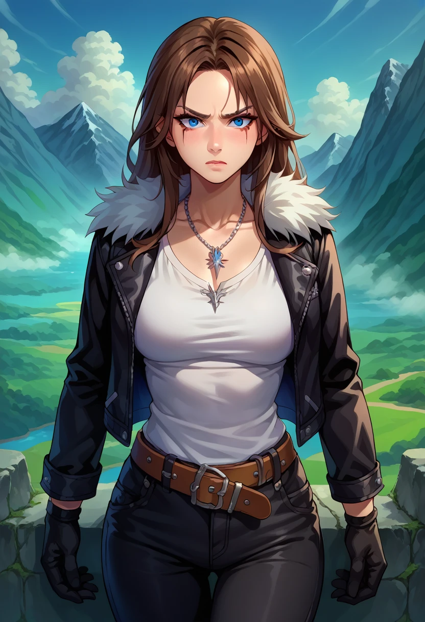 score_9, score_8_up, score_7_up, 1girl, solo, (female:1.5),female focus, female body, squall, necklace, brown hair, long hair, gloves, white shirt, blue eyes, shirt, black gloves, jacket, black jacket, fur trim jacket, black pants, belt,breasts, scar, diagonal scar, scar on face, parted bangs, angry, blushing, hand under clothes, fingering, looking down, standing, landscape,