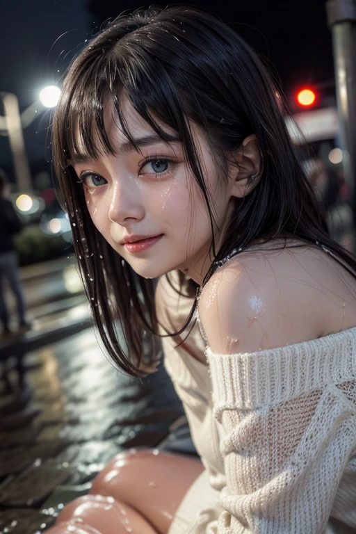 high quality, detailed,a girl with white water drops on her face.lots of white water droplets.(at night:2.0),green eyes.she is 13 years old japanese bitch gal,prostitute,she has a mole under her eye,(smallest breasts),(wearing long sleeve white oversized t-shirt dress,offshoulder,very very wet thin fabric shirt,),blunt bangs,((bob hair,very wet hair and wet face,shiny face)),slender,nipples,temptation
((opens her mouth wide and opens her eyes slightly and looks very painful and her cheeks are very red)),(in the toilet)
(In the backyard of a convenience store:1.3)