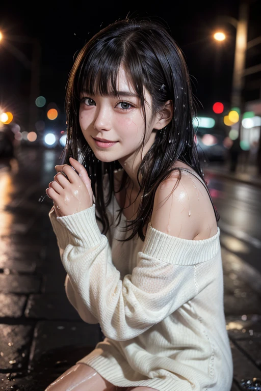 high quality, detailed,a girl with white water drops on her face.she is taking a shower,lots of white water droplets.(at night:2.0),green eyes.she is 13 years old japanese bitch gal,standing prostitute,she has a mole under her eye,(smallest breasts),(wearing long sleeve oversized sweater dress,offshoulder,very very wet thin fabric sweater,),blunt bangs,((bob hair,very wet hair and wet face,shiny face)),((wearing overknee socks)),slender,face up,nipples,temptation,orgasm,(huge smile),
,(waiting for someone)she is standing a little far away
(Downtown at night、Big city、A street corner in the red light district at night、crowd street、lots of passersby、)(Angle from the side)
