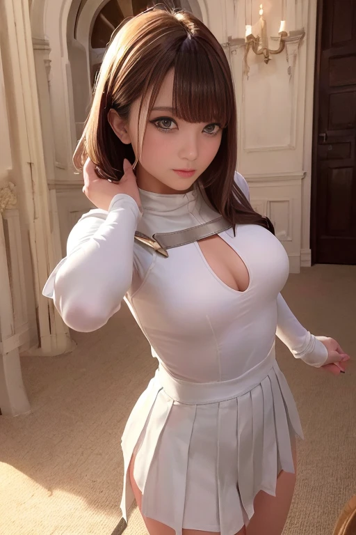 (Fencing Costume、Fencing Costume、Fencing Cosplay、Fencing Uniforms、Fencer、Mini skirt with slit)、1 girl、Bob Hair、Medium breast、sabre thrust、masterpiece:1.3、Raw photo、Highest quality、Detailed Images、Detailed Background、old castle hall、