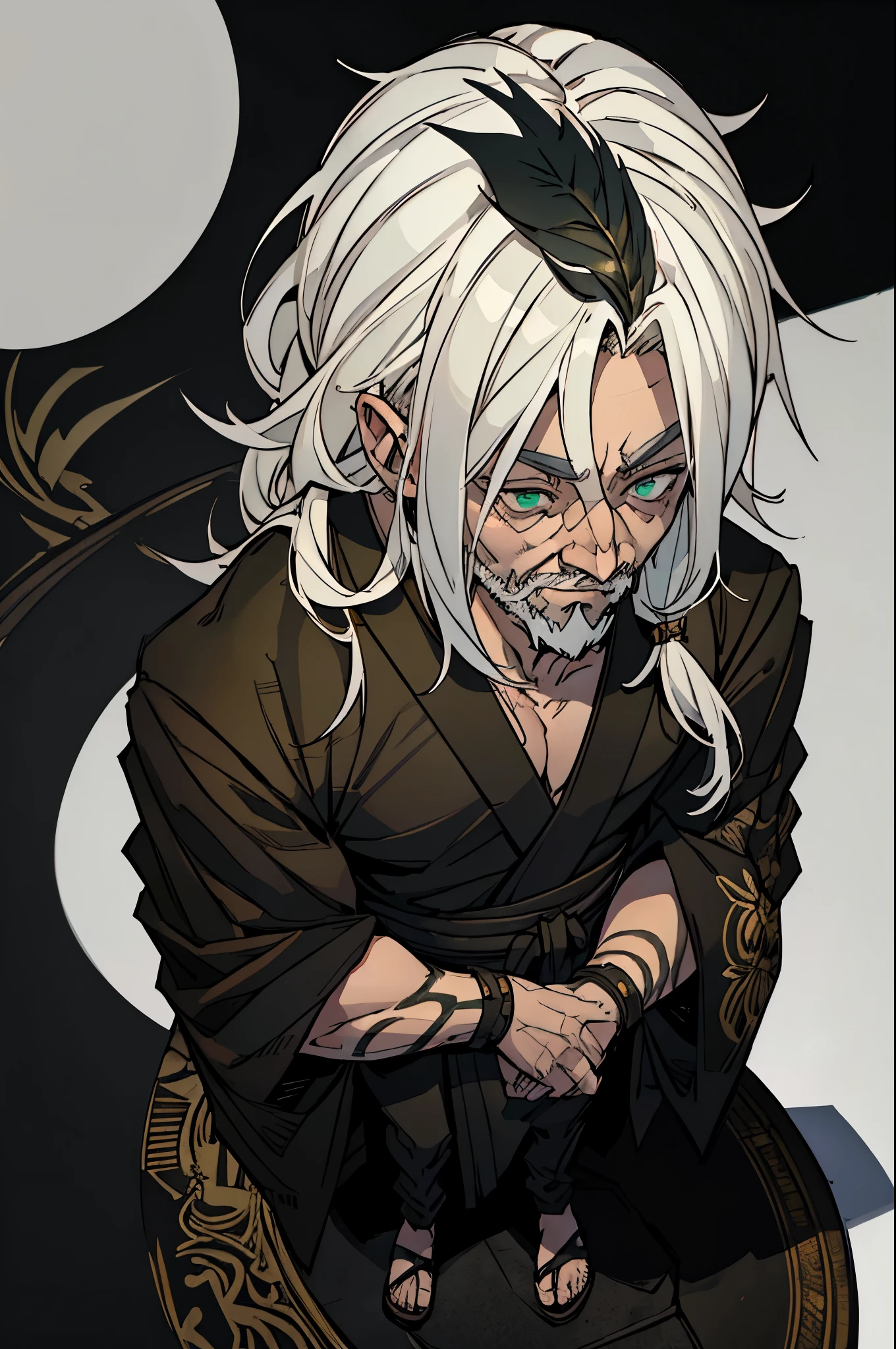 a muscular old man in a black kimono with gold details, long beard, green eyes, white hair, detailed face, dramatic lighting, cinematic, highly detailed, 8k, photorealistic, chiaroscuro lighting, dark atmosphere, dramatic shadows, hard surface rendering, extreme detail depiction, studio lighting, depth of field, realistic skin texture, intricate fabric folds, flowing hair, masterpiece, full body shot, full body, whole body, no background, completely blank background with no details, no tattoo
