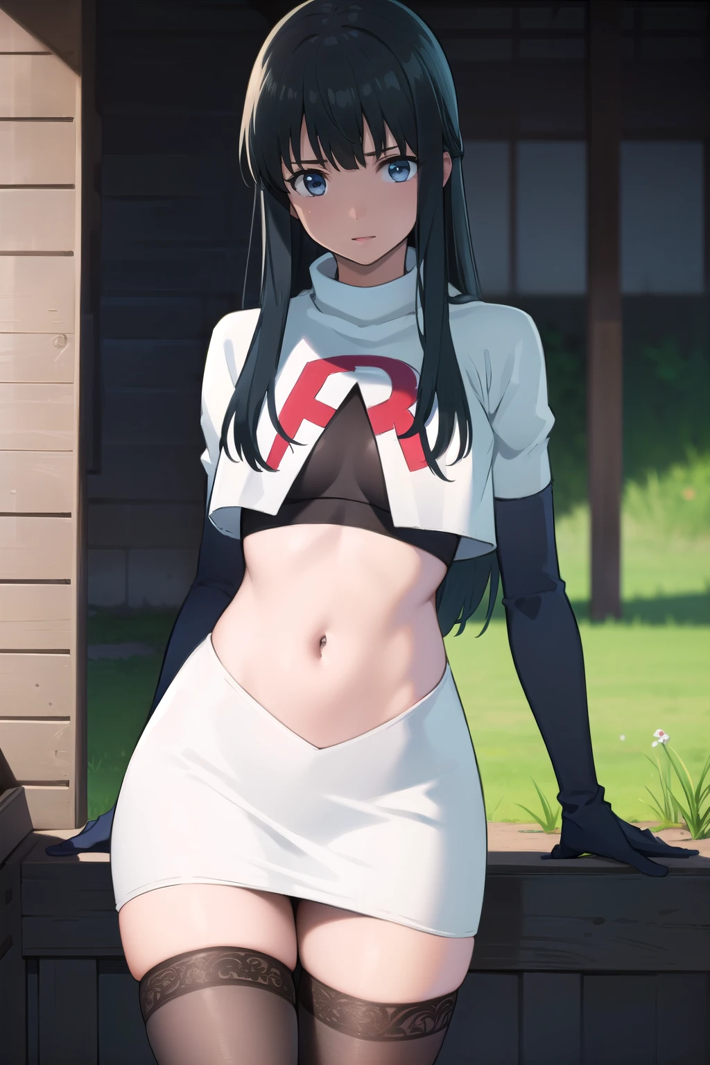 photorealistic, (4k), depth of field, (Masterpiece), (realistic skin texture), extremely detailed, intricate, hyper detailed, professional photography, bokeh, high resolution, sharp detail, best quality, girl, long hair, black hair, bangs, blue eyes, , team rocket,team rocket uniform,white skirt,red letter R,crop top,black thigh-highs,black elbow gloves