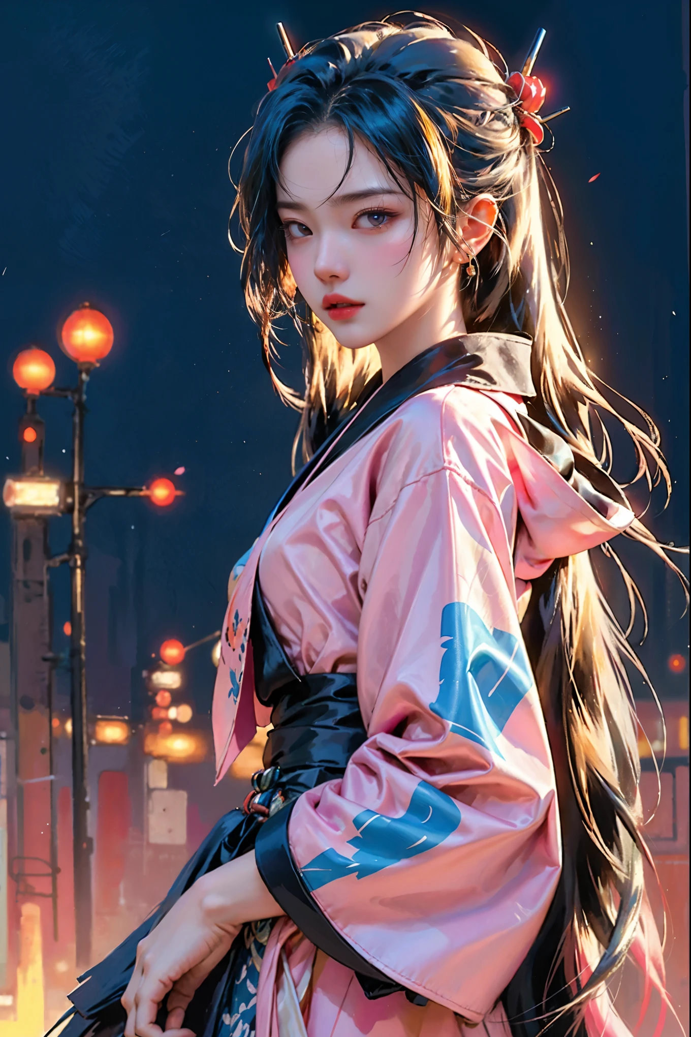 A captivating vector art piece featuring a fierce female warrior clad in an exquisitely detailed kimono, inspired by the visionary works of Satoshi Kon and Tatsuyuki Tanaka. The kimono is adorned with intricate patterns and vibrant colors, a testament to the richness of Japanese culture. Her steely gaze and formidable blade, stained with blood, convey an unwavering determination and strength.
Set against the backdrop of a dystopian Tokyo, the cityscape is a haunting blend of towering, contorted structures and flickering neon lights, casting a surreal and eerie glow. The scene is an intense, cinematic illustration that evokes the raw energy of Kill Bill, infused with the enigmatic allure of Guido Crepax's style.