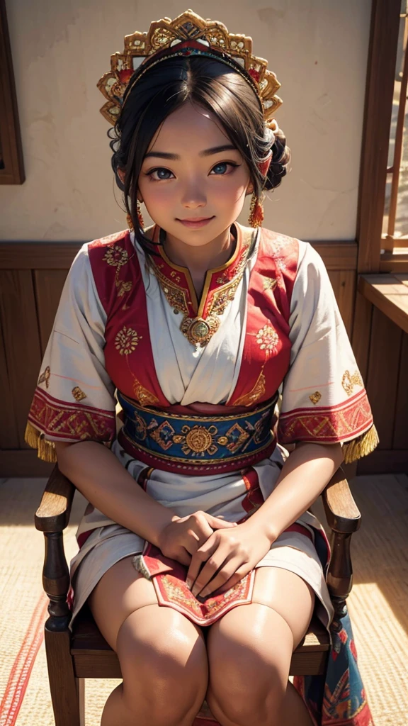 (1girl), 16 year old, sun-kissed skin, vibrant traditional ethnic costume with intricate embroidery, sitting on old wooden chair, embroidering, smiling, (best quality,4k,8k,highres,masterpiece:1.2),ultra-detailed,(realistic,photorealistic,photo-realistic:1.37),portrait,detailed face,beautiful detailed eyes,beautiful detailed lips,extremely detailed eyes and face,longeyelashes,warm lighting,vibrant colors,soft focus,detailed clothing,traditional culture