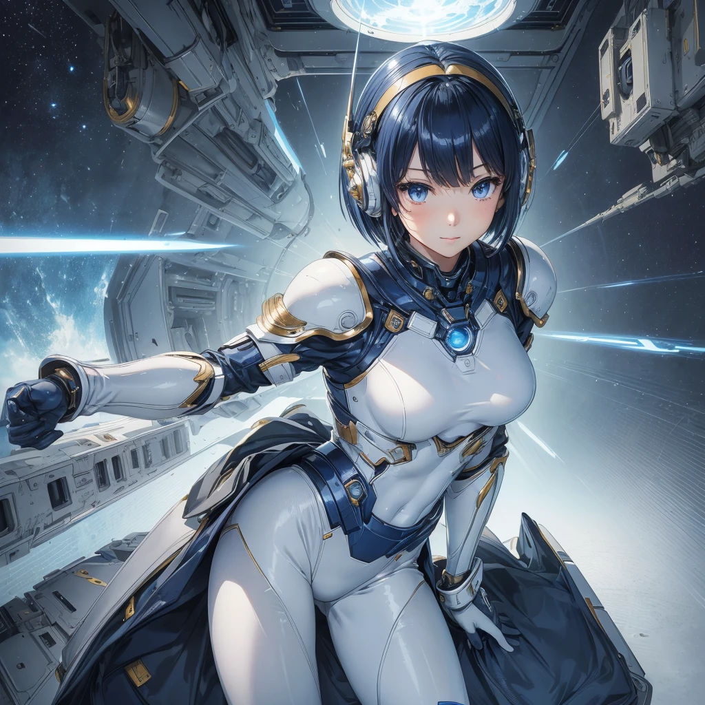 (masterpiece、Highest quality、Highest Resolution、Clear_image、Detailed details): (Whole body、One 20 year old girl、Japanese Faces、Small Face、Slender、Navy blue super short bob cut hair、(Hidden small :1.3)、Sparg blue eyes、Shiny pilot suit in white, blue and black colors、Chest protection armor、Tight fitting clothes、Clothing that covers the whole body、Glamorous clothes、Tight Fit Pants、Hide your skin、Very delicate and beautiful、Detailed Skin、hide thighs、Hide your ass、Cute、A tle smile、Soft expression、heroine、headse-high boots、Elbow-length gloves、Eye Level Shot、Peace talks between warring factions,attention arousal, smart blue eyes,Face directly、Woman on a spaceship)