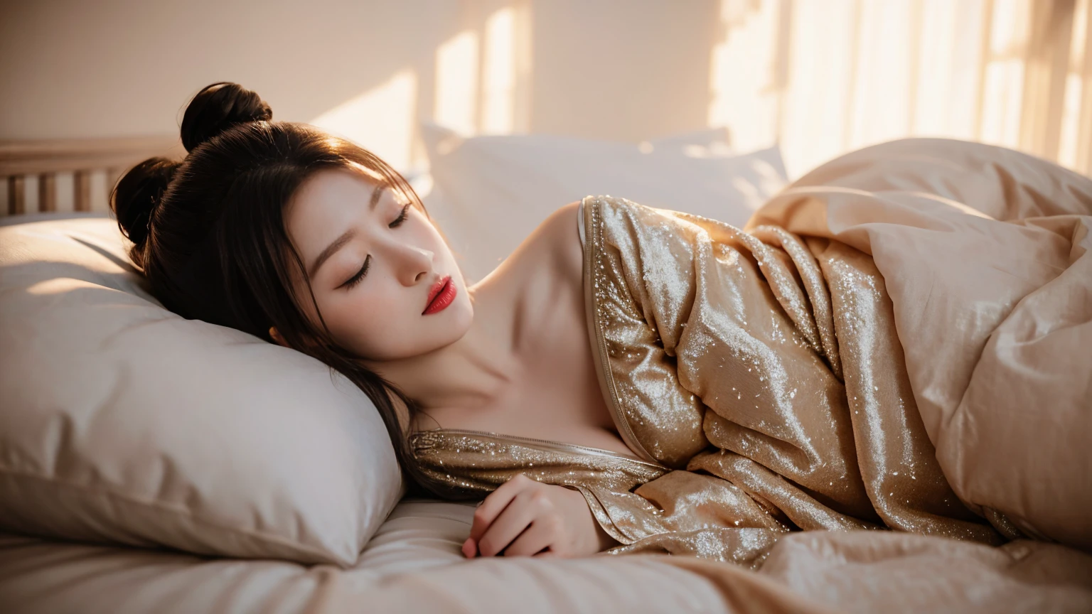 couture fashion photography, an award winning photo of a beautiful girl in nightgown, bun, lying in bed, dark lighting, (deep shadows:1.1), masterpiece, best quality, (intricate details), dreamy, magnificent, ethereal, volumetric lighting, lightroom, ((cinematic)), raytracing, subsurface scattering, face focus, close eyes,