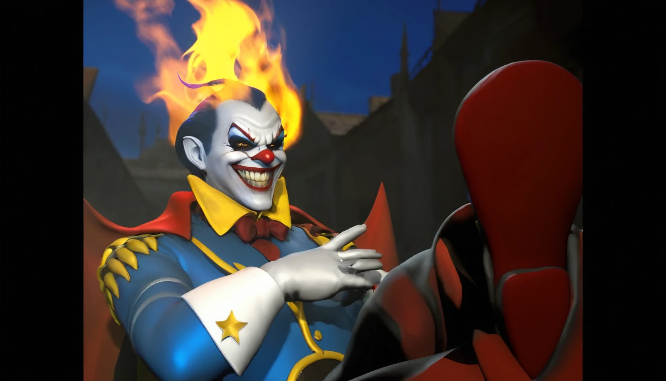 man in a blue and red costume with a yellow cape, sfm, twisted metal, sfm render, cgi cutscene, cutscene, menacing!, evil villain, evil smirk, rendered in sfm, jester, fan art, menacing!!!, marvelous expression, smug smirk, evil pose
