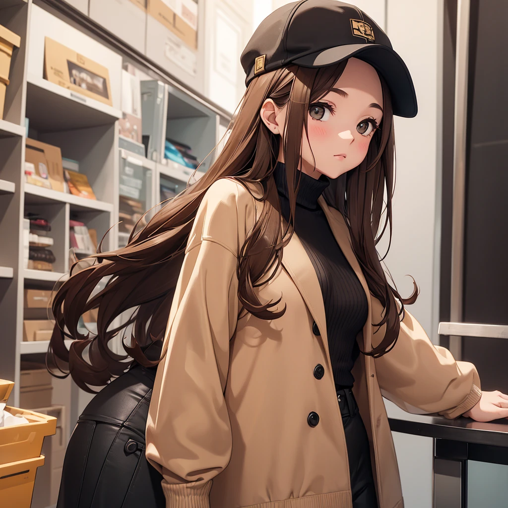 A girl with brown hair and a brown turtleneck long-sleeved shirt and black pants pompom cap