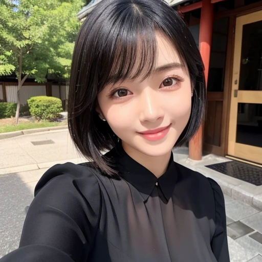 20-year-old women、Japanese、Beauty、smile、The eyes are double、Beautiful Skin、Glossy Lips、Black short hair、Selfie、blouse