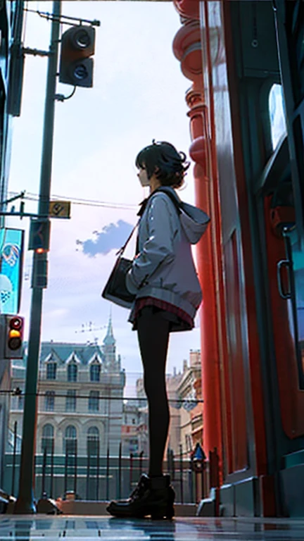 one girl,low angle shot,(from below:1.3),standing,Outdoors, fashionable street