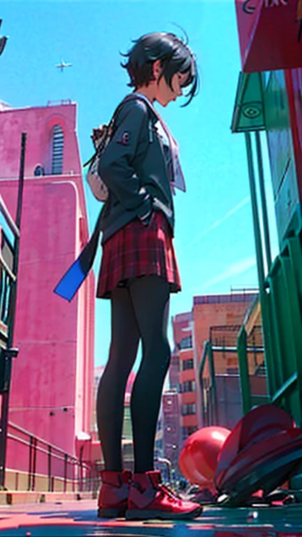 one girl,low angle shot,(from below:1.3),standing,Outdoors, fashionable street