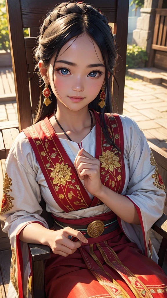 (1girl), 18 year old, sun-kissed skin, vibrant traditional ethnic costume with intricate embroidery, sitting on old wooden chair, embroidering, smiling, (best quality,4k,8k,highres,masterpiece:1.2),ultra-detailed,(realistic,photorealistic,photo-realistic:1.37),portrait,detailed face,beautiful detailed eyes,beautiful detailed lips,extremely detailed eyes and face,longeyelashes,warm lighting,vibrant colors,soft focus,detailed clothing,traditional culture