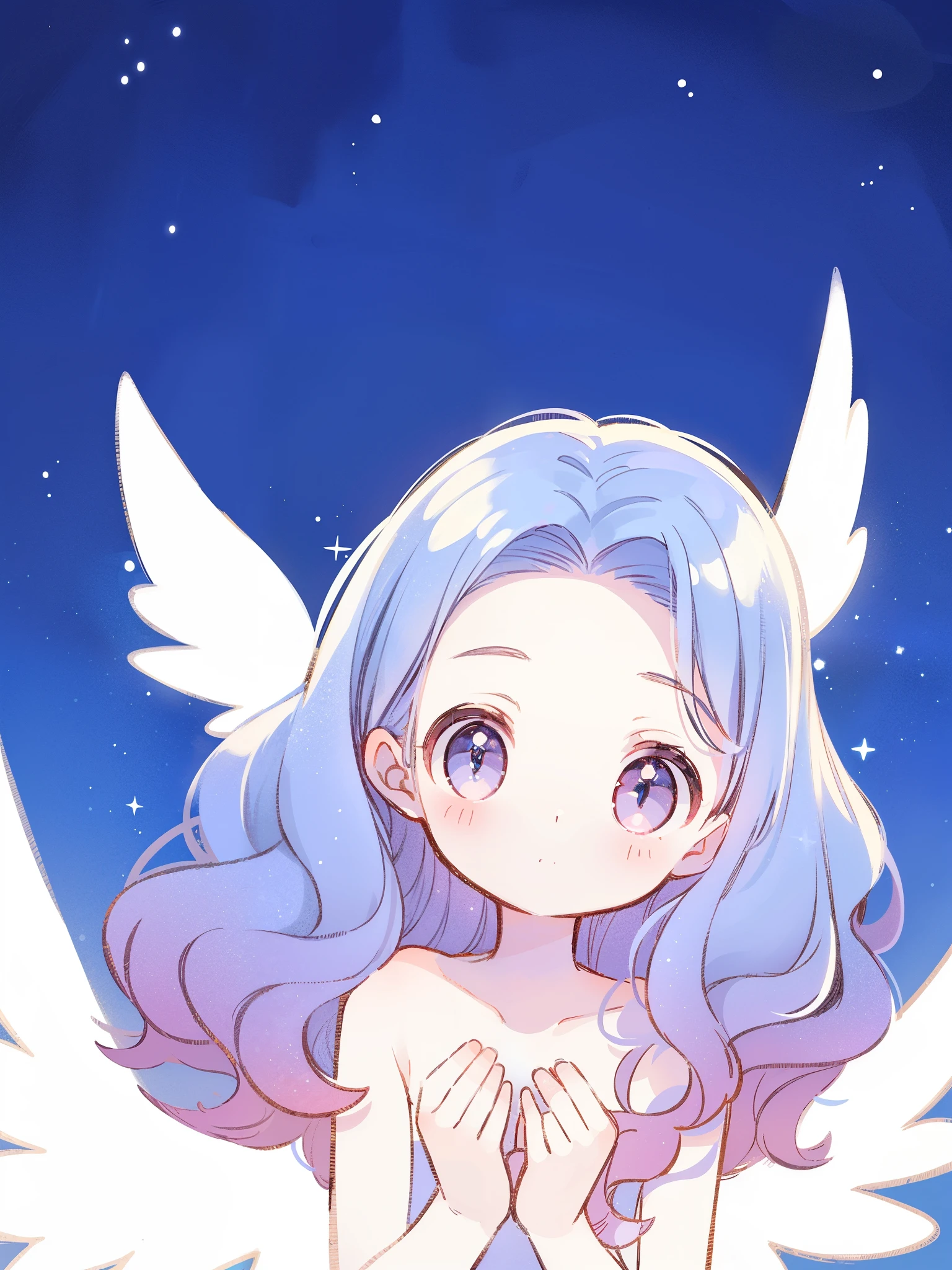 nude angel girl wearing an ethereal translucent dress, pale skin, ((wavy gradient blue purple hair)), white feathers, angel wings, sparkling detailed eyes, golden ratio face, perfect composition, highly detailed, ethereal, (starry night sky background), midjourney style