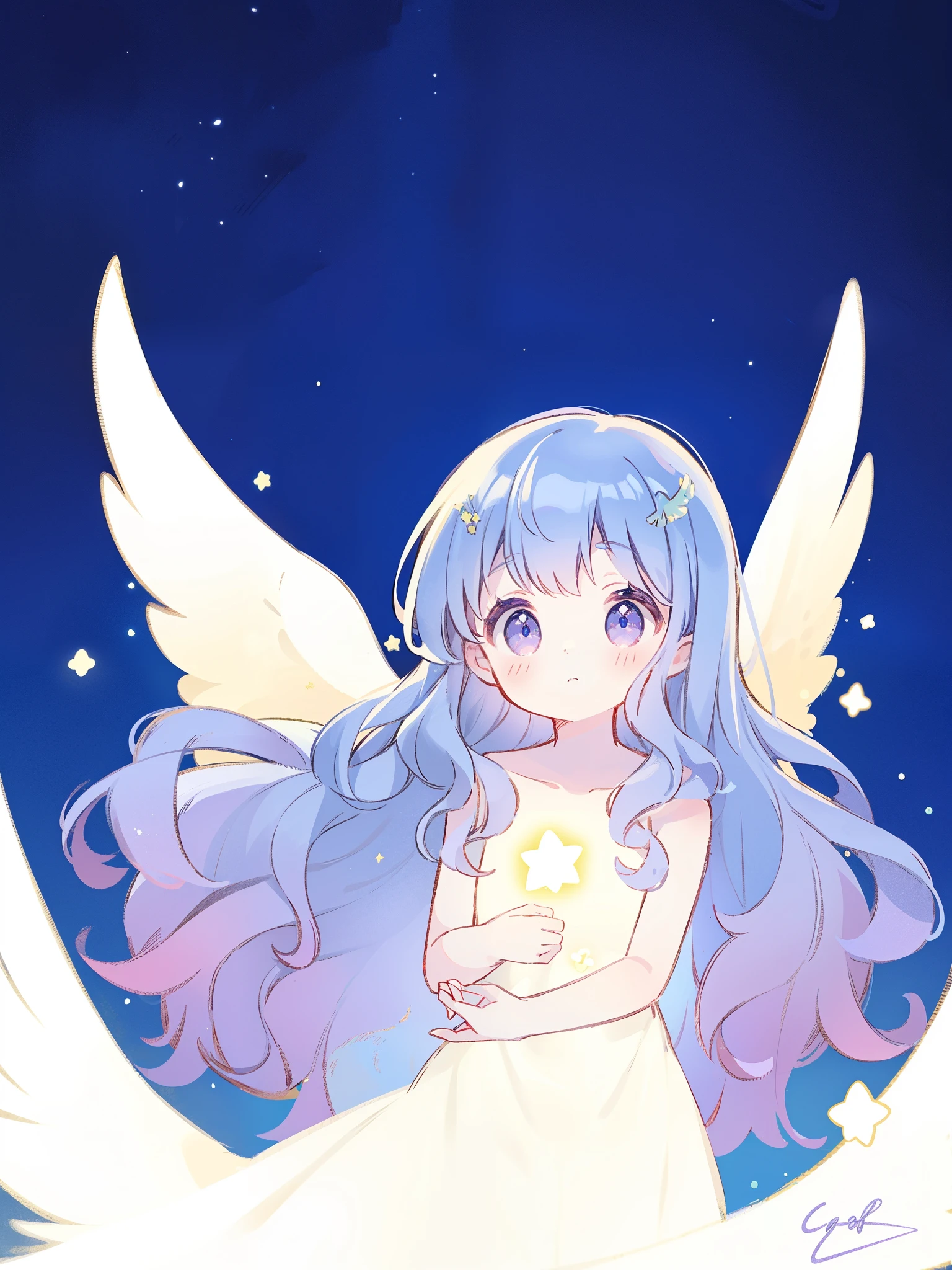 nude angel girl wearing an ethereal translucent dress, pale skin, ((wavy gradient blue purple hair)), white feathers, angel wings, sparkling detailed eyes, golden ratio face, perfect composition, highly detailed, ethereal, (starry night sky background), midjourney style